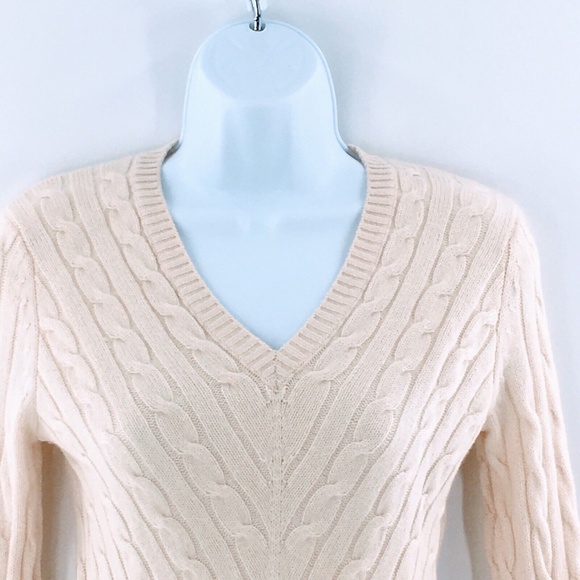 Womens Cashmere Cable Knit Sweater Madison Studios Ivory V Neck Pullover Sz S - Picture 2 of 9